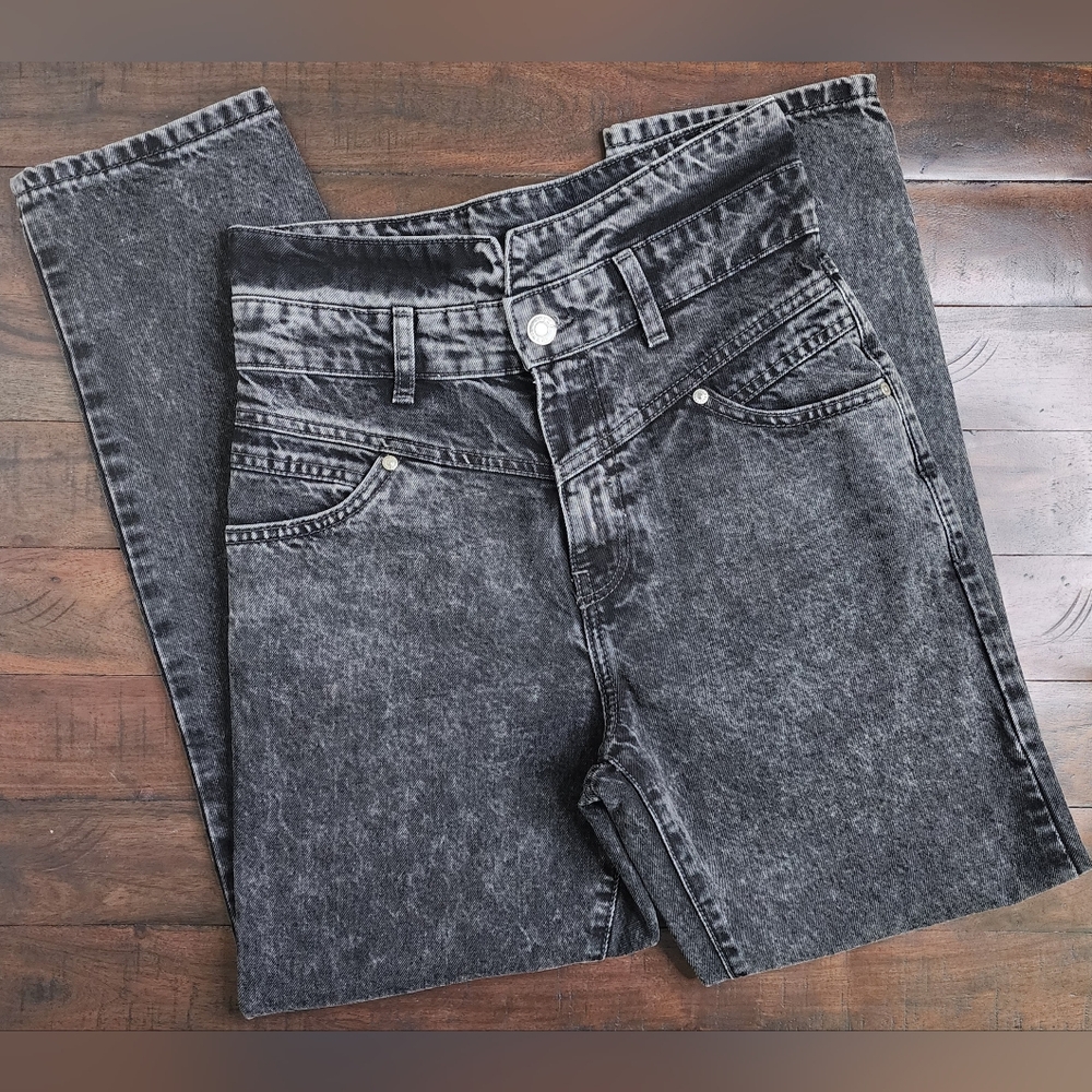 Mango Classic Black Acid Washed High Rise Straight Leg Jeans Sz2 80's Vibes